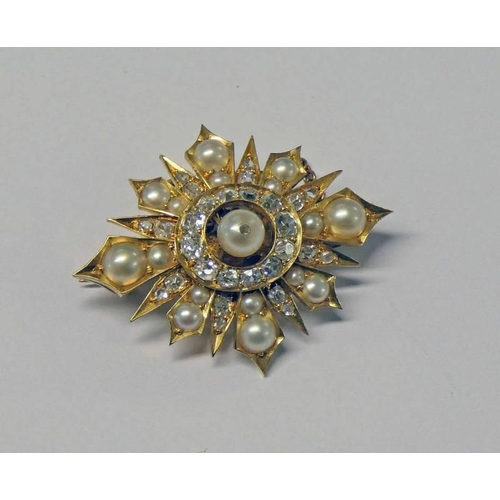 534 - LATE 19TH CENTURY PEARL & DIAMOND SET STARBURST BROOCH, THE CENTRAL PEARL SET WITHIN A SURROUND OF C... 