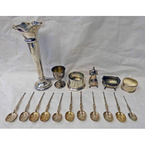 540 - 11 SILVER TEASPOONS, SILVER VASE WITH FLARED RIM, SILVER NAPKIN RING ETC