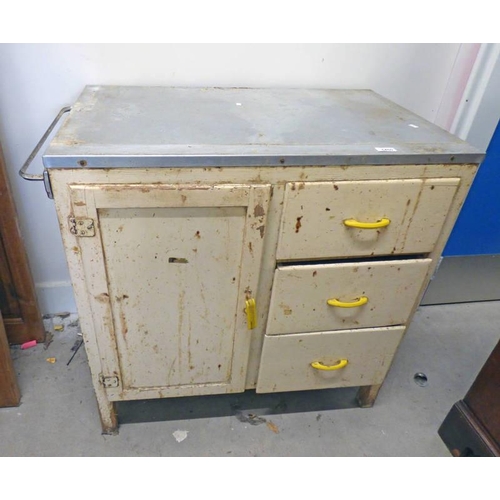 5460 - PAINTED KITCHEN CABINET WITH 3 DRAWERS & PANEL DOOR & METAL TOP 86CM TALL X 51CM DEEP