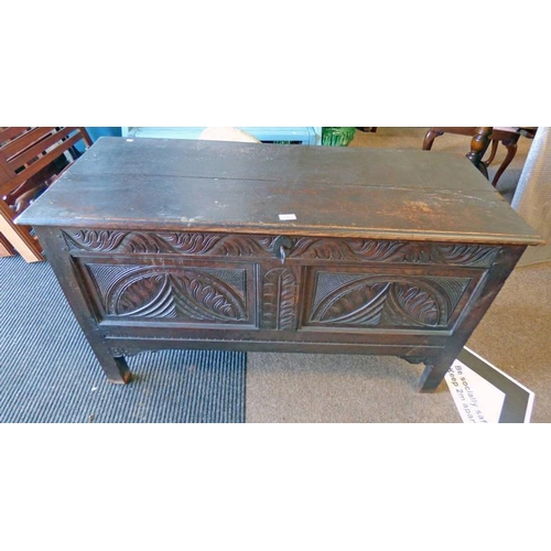 5466 - 19TH CENTURY OAK COFFER WITH CARVED PANEL FRONT 71CM TALL X 125CM WIDE 52CM DEEP