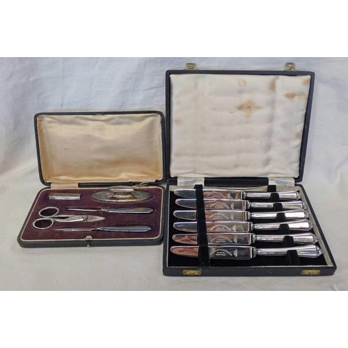 61 - SILVER CASED MANICURE SET, SET OF 6 SILVER HANDLED TEA KNIVES