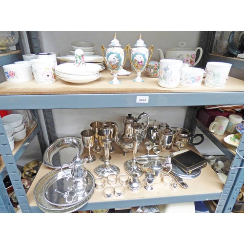 3433 - SELECTION OF VARIOUS SILVER PLATED WARE TO INCLUDE CANDLESTICKS, TEAPOTS ETC & VARIOUS OTHER PORCELA... 