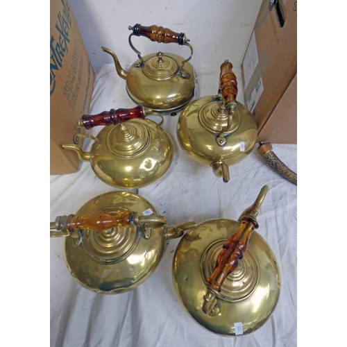 1005 - 5 BRASS KETTLES WITH TURNED HANDLES, TALLEST 20CM