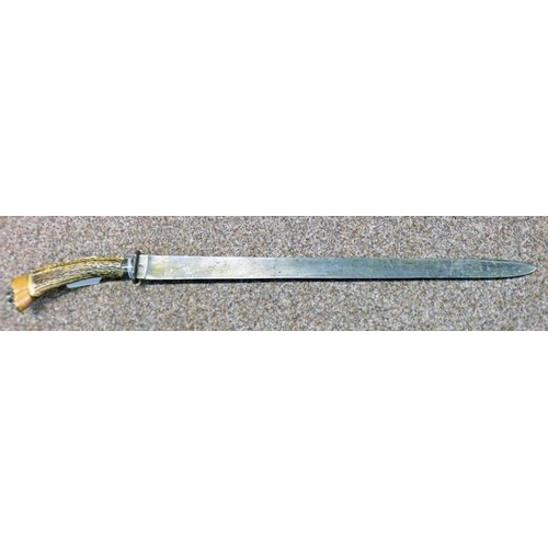 1006 - EARLY, 19TH CENTURY GERMAN HUNTING SWORD WITH STAGHORN HILT, 45CM BLADE WITH FAINT BEEHIVE MARKER MA... 