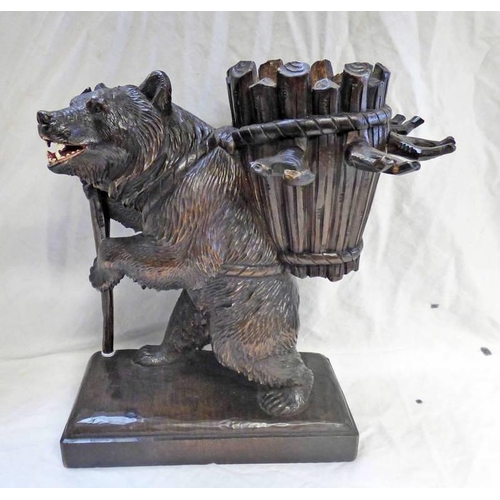 1040 - GERMAN BLACK FOREST HAND CARVED WOODEN BEAR LIQUEUR GLASS HOLDER / STAND, BEAR WITH WALKING STICK AN... 