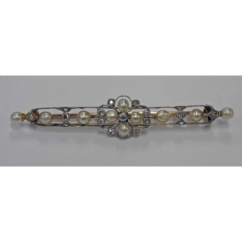 106 - EARLY 20TH CENTURY PEARL & DIAMOND SET BROOCH - 6.2 CM LONG