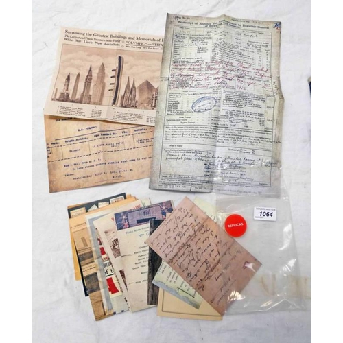 1064 - TITANIC REPLICA MATERIAL TO INCLUDE NEWSPAPER PAGES, POSTER, POSTCARDS ETC