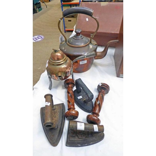 1065 - COPPER KETTLE, 3 FLAT IRONS, ETC