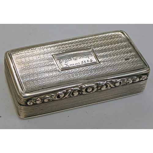 107 - SILVER SNUFF BOX WITH GILDED INTERIOR BIRMINGHAM 1836 6.5CM WIDE