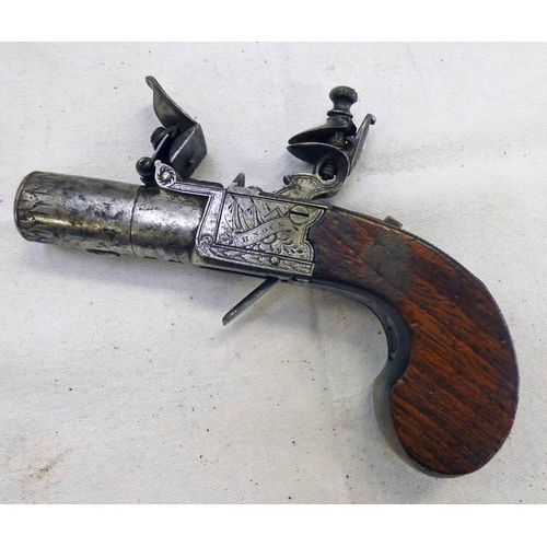 1112 - 40 BORE FLINTLOCK BOX-LOCK POCKET PISTOL SIGNED H. NOCK LONDON TO LOCK, 3 CM LONG BARREL WITH ENGRAV... 