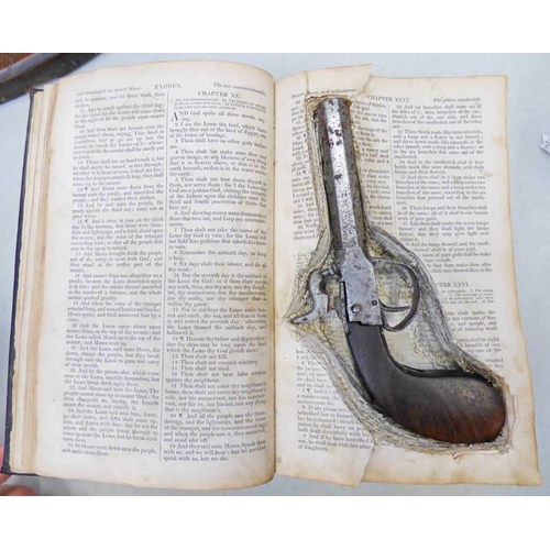 1112A - 19TH CENTURY PERCUSSION BOX LOCK POCKET PISTOL WITH MARKINGS IN ITS 1835 HOLY BIBLE WITH LATER GUN S... 