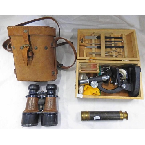 1126 - 3 DRAW BRASS TELESCOPE, PAIR OF BINOCULARS IN A CARRY CASE AND A KIBRO MICROSCOPE IN ITS CASE