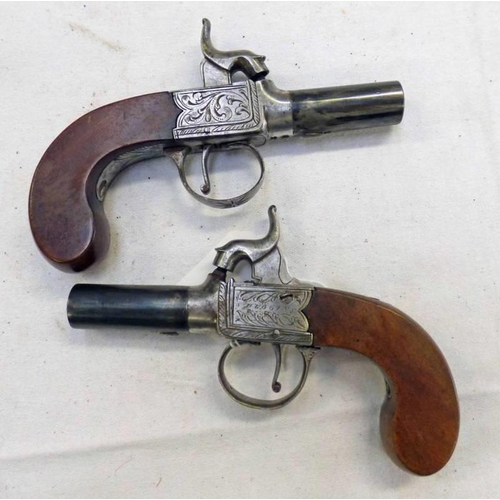 1127 - PAIR OF 54-BORE PERCUSSION BOX LOCK POCKET PISTOLS, ONE SIGNED HUGGINS, BOTH WITH 4.5 CM LONG RE-BLU... 