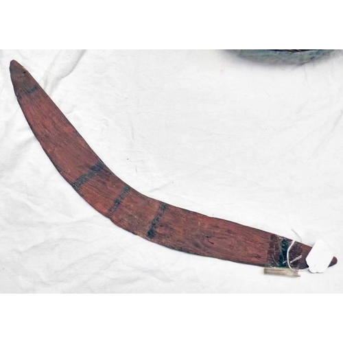 1170 - BOOMERANG OF WOODEN CONSTRUCTION WITH REMAINS OF STRIPED BLACK PIGMENT, 63CM LONG