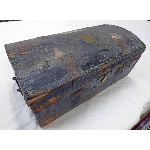 1182 - A LATE 18TH OR EARLY 19TH CENTURY LEATHER COVERED TRUNK , WOOD BODY COVERED WITH LEATHER, BRASS STUD... 