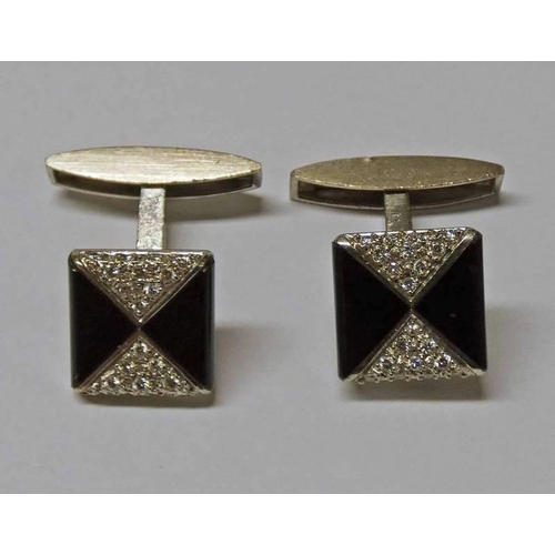 121 - PAIR OF 18CT WHITE GOLD ONYX & DIAMOND SET CUFFLINKS