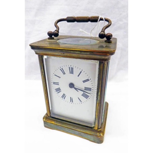 1215 - EARLY 20TH CENTURY BRASS CARRIAGE CLOCK WITH ENAMELLED DIAL