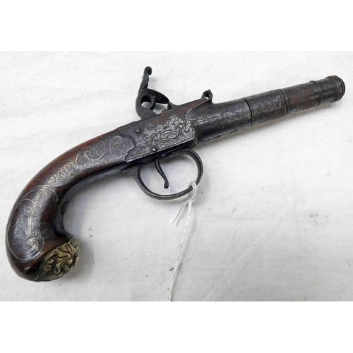 1231 - 80-BORE FLINTLOCK QUEEN ANNE POCKET PISTOL BY WILSON WITH 6CM LONG THREE STAGE TURN OFF CANON BARREL... 