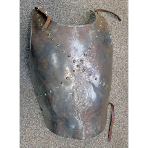 1252 - INTERESTING ARMOUR PLATE WITH CROSS RIVET DESIGN, ROLLED EDGES AND LEATHER STRAPS