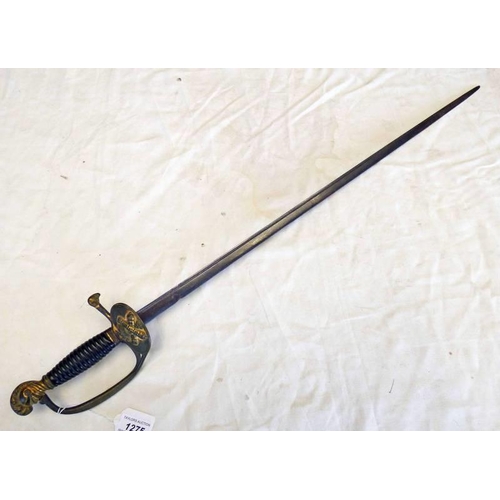 1275 - CONTINENTAL ARTILLERY OFFICERS SWORD WITH 80CM LONG FULLERED BLADE, COPPER GILT HILT, GUARD DECORATE... 