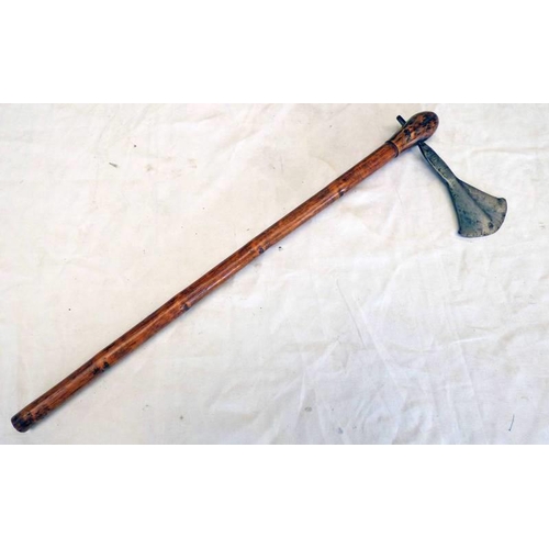 1279 - SOUTH AFRICAN SHONA AXE WITH WOODEN HANDLE AND DECORATIVE BLADE 64.5CMS LONG