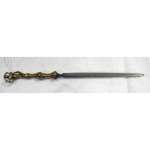 1287 - A 19TH CENTURY STILETTO WITH THIN TAPERING BLADE AND DECORATED BRASS HILT 15.5CM