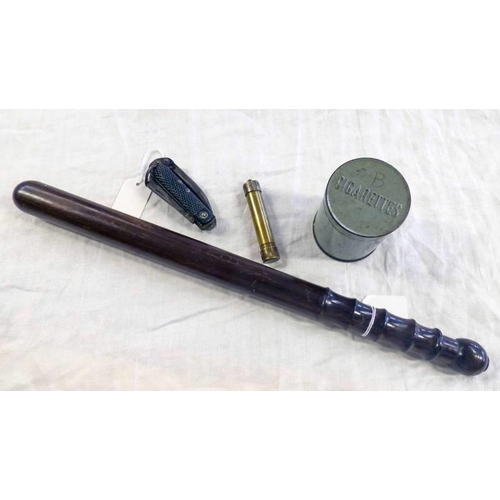 1297 - TRUNCHEON, BRITISH ARMY CLASP KNIFE, BRITISH ARMY CIGARETTE TIN AND A BULLET LIGHTER IN A BRASS OIL ... 