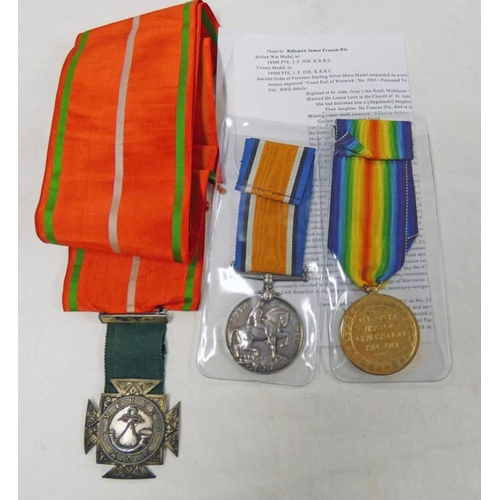 1324 - PAIR OF WW1 MEDALS, BRITISH WAR AND VICTORY, TO A 34908 PTE. J.F. DIX. K.R.R.C. AND A SILVER ANCIENT... 