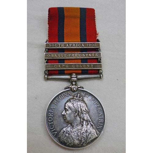 1334 - QUEENS SOUTH AFRICA MEDAL WITH CAPE COLONY, ORANGE FREE STATE AND SOUTH AFRICA 1902 CLASPS TO A 6673... 