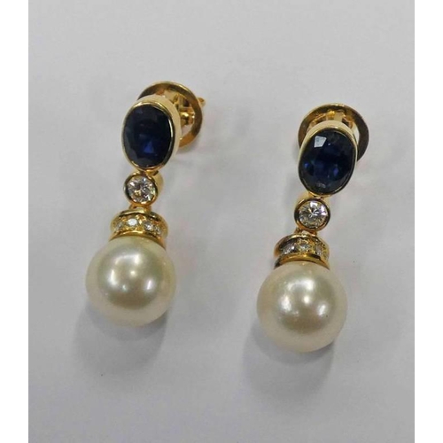 135 - PAIR OF SAPPHIRE, PEARL & DIAMOND EARRINGS. THE PEARLS - 9.5 MM DIAMETER