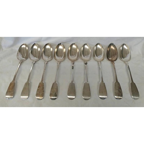 144 - SET OF 9 GEORGE III SCOTTISH PROVINCIAL SILVER OLD ENGLISH PATTERN TABLE SPOONS BY WILLIAM JAMIESON,... 