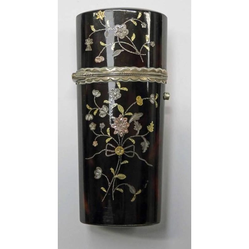 145 - 19TH CENTURY TORTOISE SHELL CASE WITH GOLD & SILVER PIQUE WORK INLAY -9.5 CM TALL