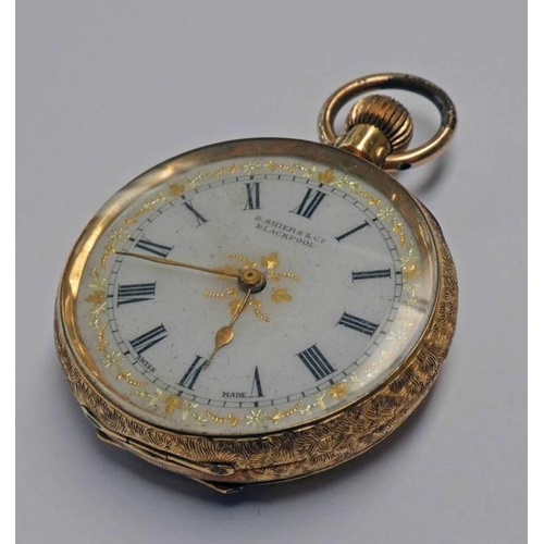 149 - 18K GOLD FOB WATCH WITH GOLD DECORATED ENAMEL DIAL - 43G