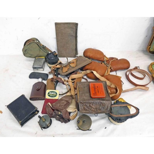 1658 - GAS MASKS, BIBLE, TINS, BOXING  GLOVES, FISHING REELS ETC