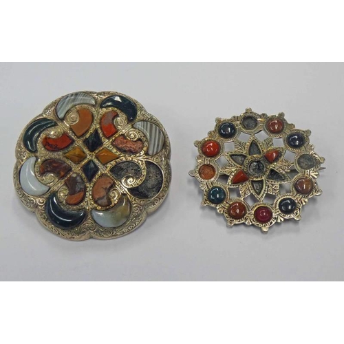 170 - 2 LATE 19TH CENTURY SCOTTISH UNMARKED SILVER AGATE & HARDSTONE DECORATIVELY ENGRAVED BROOCHES, LARGE... 