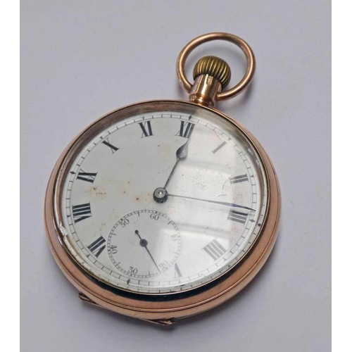 173 - 9CT GOLD OPENFACE POCKET WATCH WITH SUBSIDIARY SECOND DIAL & WHITE ENAMEL DIAL - 90G