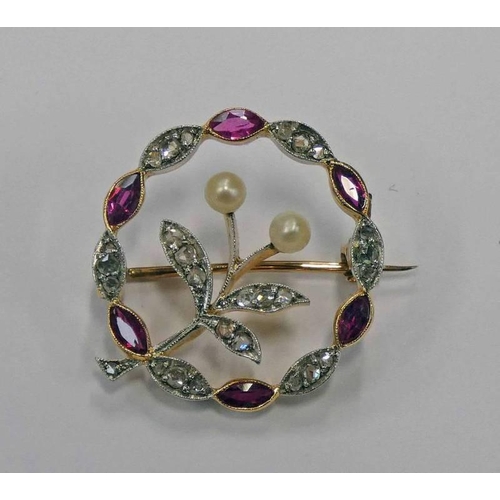 179 - EARLY 20TH CENTURY PEARL, RUBY & DIAMOND CIRCULAR FLORAL BROOCH - 2.1 CM DIAMETER