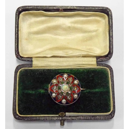 187 - 19TH CENTURY ENAMEL DECORATIVE TARGET BROOCH INSET WITH OPAL ROSE CUT DIAMOND & PEARLS - 2.1 CM DIAM... 