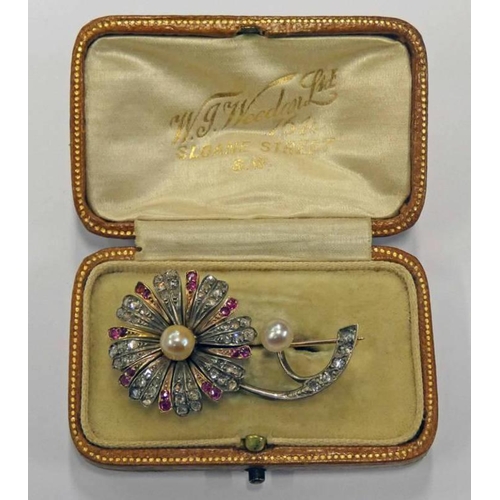 198 - EARLY 20TH CENTURY PEARL, RUBY & ROSE CUT DIAMOND FLOWER HEAD BROOCH - 4.2 CM LONG