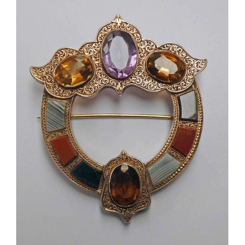 199 - 19TH CENTURY SCOTTISH GOLD PLAID BROOCH, THE ENGRAVED GOLD MOUNT SET WITH AMETHYST, CITRINES & AGATE... 