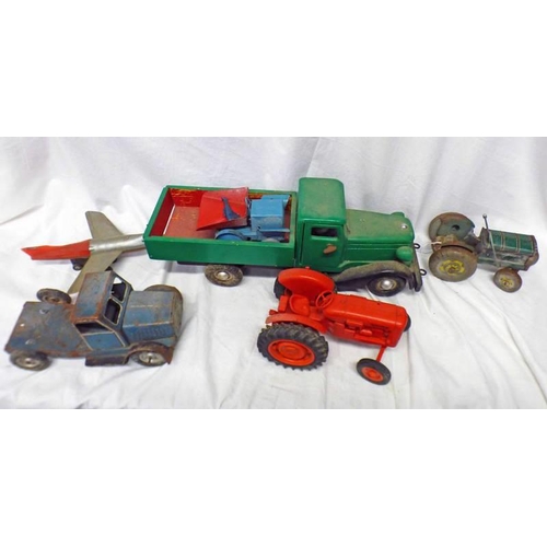 2045 - METTOY TINPLATE TRACTOR TOGETHER WITH VARIOUS PLAYWORN VEHICLES INCLUDING PLANE, TRUCKS, ETC