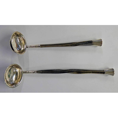 208 - TWO HORN HANDLED SILVER TODDY LADLES, BIRMINGHAM 1811 - LONGEST 19CM