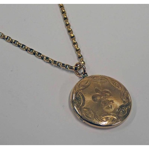 215 - 9CT GOLD CIRCULAR LOCKET ON A 9CT GOLD CURBLINK NECKLACE - 10.7G