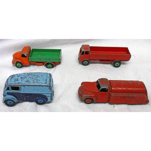 2161 - FOUR PLAYWORN DINKY MODEL VEHICLES INCLUDING 30P/440 - STUDEBAKER PETROL TANKER, 465 - MORRIS CAPSTA... 