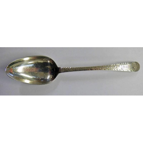 220 - SILVER TEASPOON BY WILLIAM SCOTT OF DUNDEE WITH ENGRAVED DECORATION