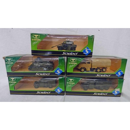 2226 - FIVE MILITARY VEHICLES FROM SOLIDO INCLUDING NO 6025 PANHARD AML90, NO 6005 - KAISER JEEP, NO 6074 -... 