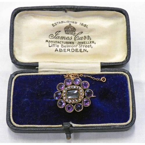 225 - 19TH CENTURY GOLD AMETHYST & SEED PEARL PANEL BROOCH - 2.5CM