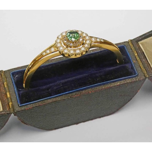 227 - EARLY 20TH CENTURY PERIDOT, PEARL & ROSE-CUT DIAMOND SET BANGLE - INNER DIAMETER 5.5 CM