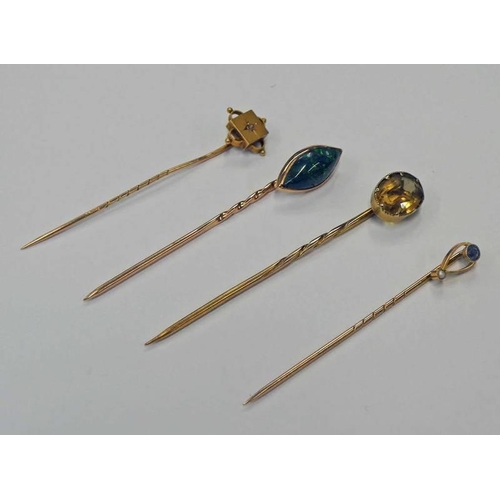 230 - PEARL & SAPPHIRE SET TIEPIN, CITRINE SET TIE PIN, OPAL SET TIE PIN & 1 OTHER