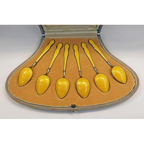 261 - CASED SET OF 6 CONTINENTAL SILVER-GILT & YELLOW ENAMEL TEASPOONS WITH IMPORT MARKS FOR 1905